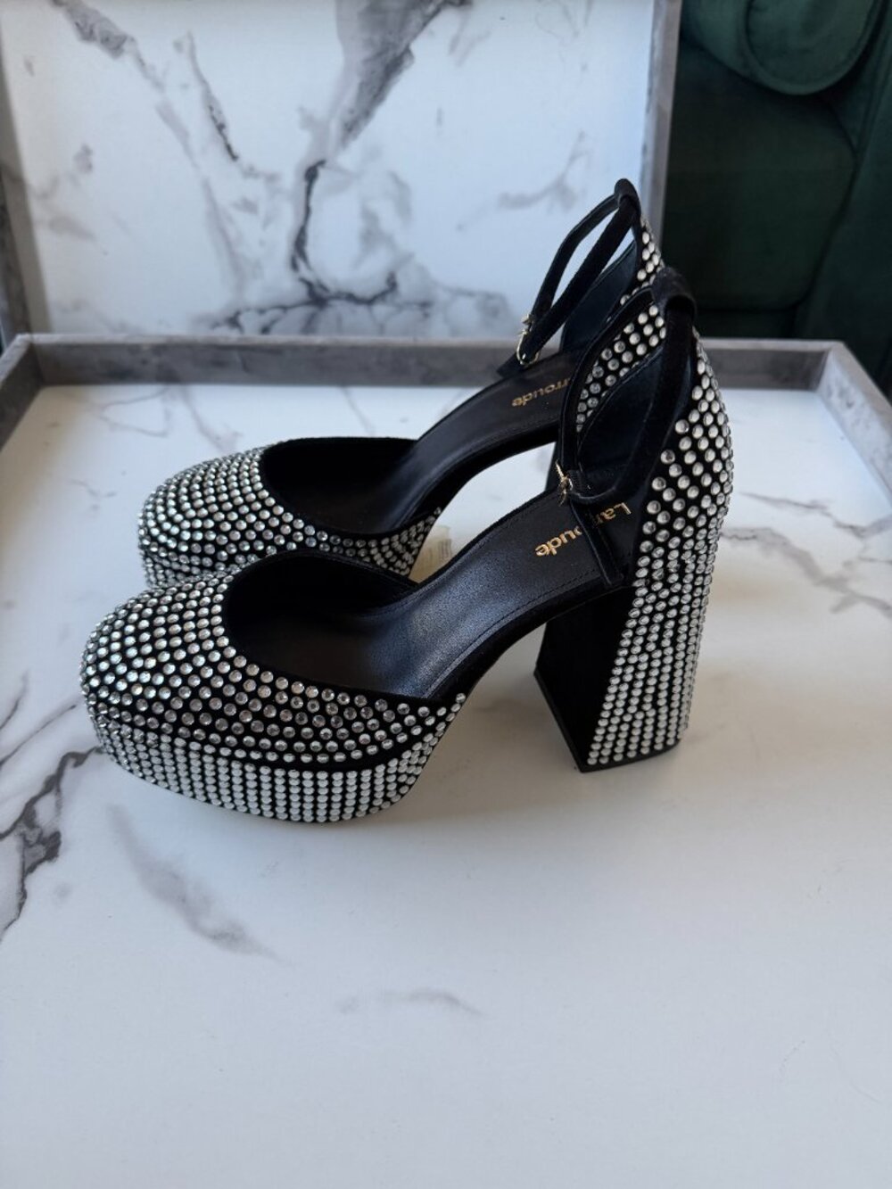 NEW Larroudé Ari Crystal Platform Pumps in Black Silver Size 9 - Picture 6 of 9